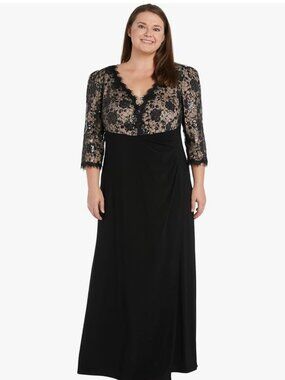 R&M Richards NWT Evening Maxi Long Dress Formal Gown Black Nude Lace